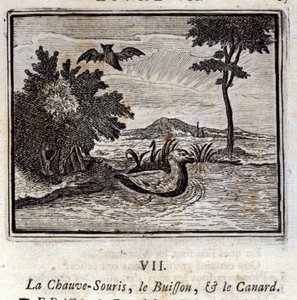 Netopýr, keř a kachna. Bajky Jean de La Fontaine (1621-95). Ilustrace François Chauveau (1613-1676). Vydání z roku 1728. od Francois Chauveau