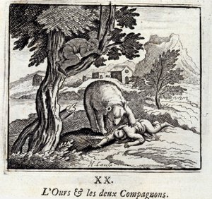 Medvěd a dva společníci. Bajky Jean de La Fontaine (1621-95). Ilustrace François Chauveau (1613-1676). Vydání z roku 1728. od Francois Chauveau