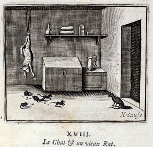 Kočka a stará krysa. Bajky Jean de La Fontaine (1621-95). Ilustrace Francois Chauveau (1613-1676). Vydání z roku 1728. od Francois Chauveau