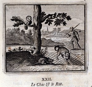 Kočka a krysa. Bajky Jean de La Fontaine (1621-95). Ilustrace Francois Chauveau (1613-1676). Vydání z roku 1728. od Francois Chauveau