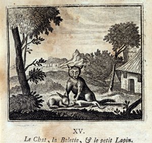 Kočka, lasička a králíček. Bajky Jean de La Fontaine (1621-95). Ilustrace François Chauveau (1613-1676). Vydání z roku 1728. od Francois Chauveau