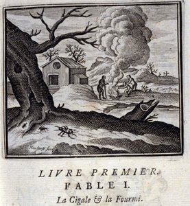 Cigale a mravenec. Bajky Jean de La Fontaine (1621-95). Ilustrace François Chauveau (1613-1676). Vydání z roku 1728. od Francois Chauveau