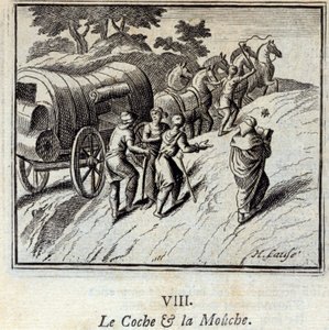 The Coche and the Fly. Bajky Jean de La Fontaine (1621-95). Ilustrace Francois Chauveau (1613-1676). Vydání z roku 1728. od Francois Chauveau
