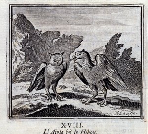 Orel a sova. Bajky Jean de La Fontaine (1621-95). Ilustrace François Chauveau (1613-1676). Vydání z roku 1728. od Francois Chauveau