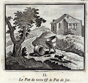Zemní hrnec a Železný hrnec. Bajky Jean de La Fontaine (1621-95). Ilustrace François Chauveau (1613-1676). Vydání z roku 1728. od Francois Chauveau