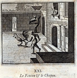 Sokol a kapoun. Bajky od Jeana de La Fontaine (1621-95). Ilustrace François Chauveau (1613-1676). Vydání z roku 1728. od Francois Chauveau