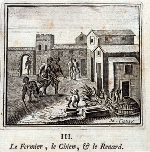 Farmář, pes a liška. Bajky Jean de La Fontaine (1621-95). Ilustrace François Chauveau (1613-1676). Vydání z roku 1728. od Francois Chauveau
