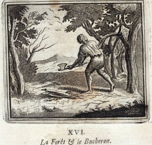Les a dřevorubec. Bajky Jean de La Fontaine (1621-95). Ilustrace François Chauveau (1613-1676). Vydání z roku 1728. od Francois Chauveau