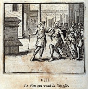 Fou, který prodává moudrost. Bajky Jean de La Fontaine (1621-95). Ilustrace Francois Chauveau (1613-1676). Vydání z roku 1728. od Francois Chauveau