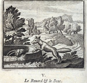 Liška a Bouc. Bajky Jean de La Fontaine (1621-95). Ilustrace François Chauveau (1613-1676). Vydání z roku 1728. od Francois Chauveau