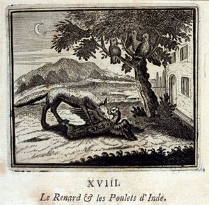 Liška a kuřata v Indii. Bajky Jeana de La Fontaine (1621-95). Ilustrace François Chauveau (1613-1676). Vydání z roku 1728. od Francois Chauveau