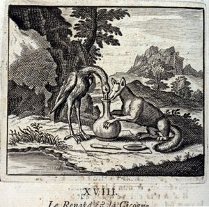 Liška a čáp. Bajky Jean de La Fontaine (1621-95). Ilustrace Francois Chauveau (1613-1676). Vydání z roku 1728. od Francois Chauveau