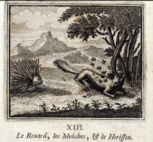 Liška, mouchy a Herisson. Bajky Jean de La Fontaine (1621-95). Ilustrace François Chauveau (1613-1676). Vydání z roku 1728. od Francois Chauveau