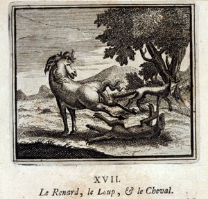 Liška, vlk a kůň. Bajky Jean de La Fontaine (1621-95). Ilustrace François Chauveau (1613-1676). Vydání z roku 1728.