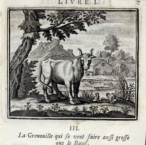 Žába, která chce být velká jako hovězí. Bajky Jean de La Fontaine (1621-95). Ilustrace François Chauveau (1613-1676). Vydání z roku 1728. od Francois Chauveau