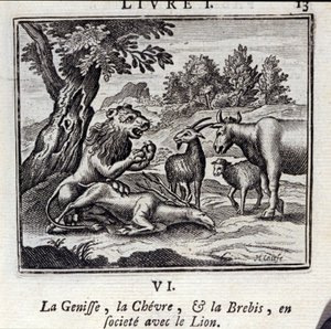 Genisse Gove a ovce ve společnosti se lvem. Bajky Jean de La Fontaine (1621-95). Ilustrace François Chauveau (1613-1676). Vydání z roku 1728. od Francois Chauveau