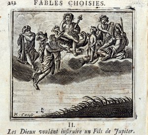 Bohové chtějí učit syna Jupitera. Bajky Jean de La Fontaine (1621-95). Ilustrace François Chauveau (1613-1676). Vydání z roku 1728. od Francois Chauveau