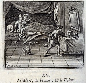 Manžel, žena a zloděj. Bajky Jean de La Fontaine (1621-95). Ilustrace François Chauveau (1613-1676). Vydání z roku 1728. od Francois Chauveau