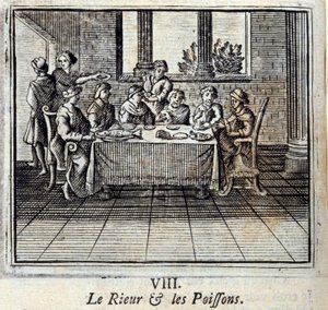 Smích a Ryby. Bajky Jean de La Fontaine (1621-95). Ilustrace François Chauveau (1613-1676). Vydání z roku 1728. od Francois Chauveau