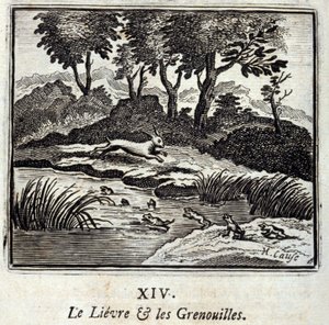 Lievre a žáby. Bajky Jean de La Fontaine (1621-95). Ilustrace François Chauveau (1613-1676). Vydání z roku 1728. od Francois Chauveau