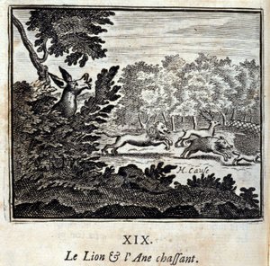 Lov lva a osla. Bajky Jean de La Fontaine (1621-95). Ilustrace François Chauveau (1613-1676). Vydání z roku 1728. od Francois Chauveau