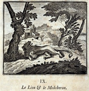 Lev a mucholapka. Bajky Jean de La Fontaine (1621-95). Ilustrace Francois Chauveau (1613-1676). Vydání z roku 1728. od Francois Chauveau