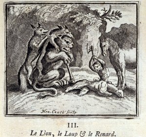 Lev, vlk a liška. Bajky Jean de La Fontaine (1621-95). Ilustrace François Chauveau (1613-1676). Vydání z roku 1728. od Francois Chauveau