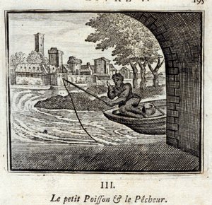 Rybička a rybář. Bajky Jean de La Fontaine (1621-95). Ilustrace François Chauveau (1613-1676). Vydání z roku 1728. od Francois Chauveau