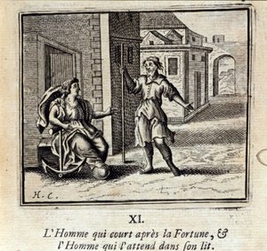Muž, který běží za Štěstěnou, a Muž, který na něj čeká v posteli. Bajky od Jeana de La Fontaine (1621-95). Ilustrace François Chauveau (1613-1676). Vydání z roku 1728. od Francois Chauveau