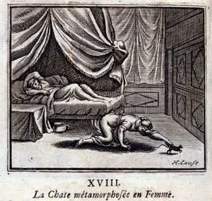 Metamorfovaná kočka v ženě. Bajky od Jeana de La Fontaine (1621-95). Ilustrace François Chauveau (1613-1676). Vydání z roku 1728. od Francois Chauveau