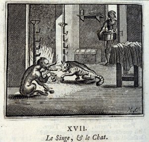 Opice a kočka. Bajky Jean de La Fontaine (1621-95). Ilustrace Francois Chauveau (1613-1676). Vydání z roku 1728. od Francois Chauveau