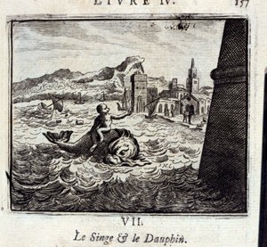 Opice a dauphin. Bajky Jean de La Fontaine (1621-95). Ilustrace Francois Chauveau (1613-1676). Vydání z roku 1728. od Francois Chauveau
