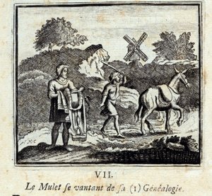 Mullet se chlubí svou genealogií. Bajky Jean de La Fontaine (1621-95). Ilustrace François Chauveau (1613-1676). Vydání z roku 1728. od Francois Chauveau