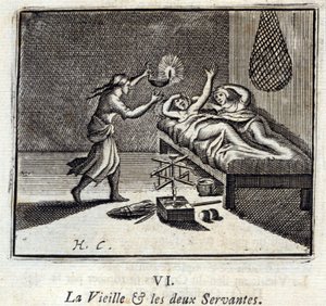 Stará dáma a dva sluhové. Bajky Jean de La Fontaine (1621-95). Ilustrace François Chauveau (1613-1676). Vydání z roku 1728. od Francois Chauveau