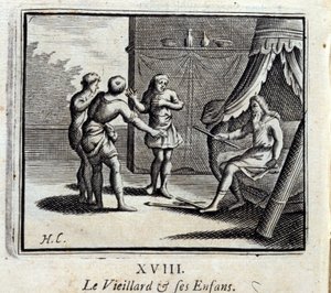 Stařec a jeho děti. Bajky Jean de La Fontaine (1621-95). Ilustrace François Chauveau (1613-1676). Vydání z roku 1728. od Francois Chauveau