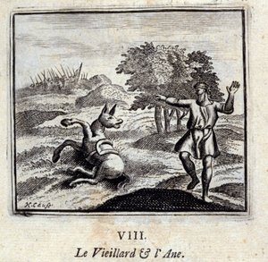 Stařec a osel. Bajky od Jeana de La Fontaine (1621-95). Ilustrace François Chauveau (1613-1676). Vydání z roku 1728. od Francois Chauveau