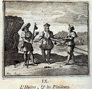 Oyster and the Litigants. Bajky Jean de La Fontaine (1621-95). Ilustrace François Chauveau (1613-1676). Vydání z roku 1728. od Francois Chauveau