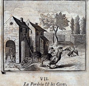 Koroptev a kohouti. Bajky Jean de La Fontaine (1621-95). Ilustrace François Chauveau (1613-1676). Vydání z roku 1728. od Francois Chauveau