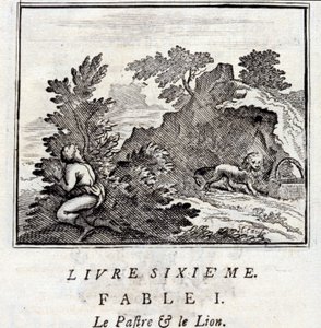Patra a lev. Bajky Jean de La Fontaine (1621-95). Ilustrace François Chauveau (1613-1676). Vydání z roku 1728. od Francois Chauveau