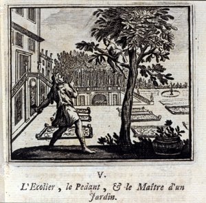 Pedantská škola a Mistr zahrady. Bajky Jean de La Fontaine (1621-95). Ilustrace François Chauveau (1613-1676). Vydání z roku 1728. od Francois Chauveau