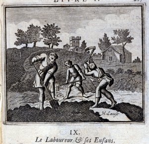 Ploureur a jeho děti. Bajky Jean de La Fontaine (1621-95). Ilustrace Francois Chauveau (1613-1676). Vydání z roku 1728. od Francois Chauveau