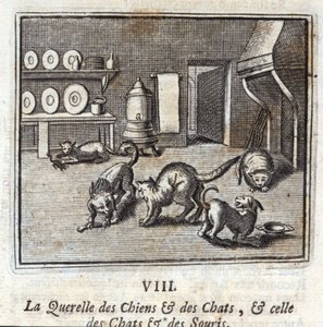 Querelle psů a koček a koček a myší. Bajky Jean de La Fontaine (1621-95). Ilustrace François Chauveau (1613-1676). Vydání z roku 1728. od Francois Chauveau