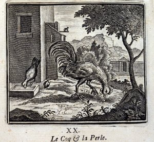Kohout a perla. Bajky Jean de La Fontaine (1621-95). Ilustrace François Chauveau (1613-1676). Vydání z roku 1728.