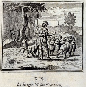 Pastýř a jeho stádo. Bajky od Jeana de La Fontaine (1621-95). Ilustrace François Chauveau (1613-1676). Vydání z roku 1728. od Francois Chauveau