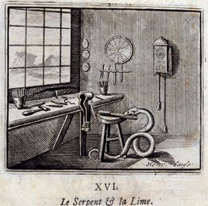 The Snake and the Lime.Bajky Jean de La Fontaine (1621-95). Ilustrace Francois Chauveau (1613-1676). Vydání z roku 1728. od Francois Chauveau