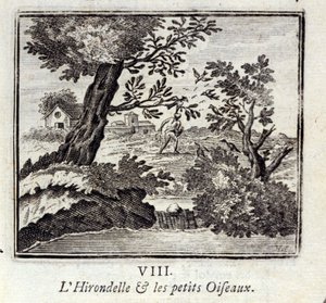 Vlaštovka a ptáčci. Bajky od Jeana de La Fontaine (1621-95). Ilustrace François Chauveau (1613-1676). Vydání z roku 1728. od Francois Chauveau