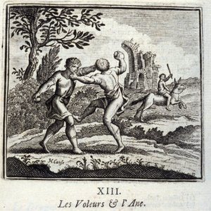 Zloději a Ane. Bajky Jean de La Fontaine (1621-95). Ilustrace Francois Chauveau (1613-1676). Vydání z roku 1728. od Francois Chauveau