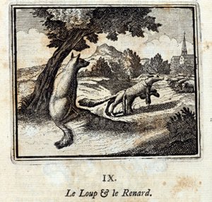 Vlk a liška. Bajky Jean de La Fontaine (1621-95). Ilustrace François Chauveau (1613-1676). Vydání z roku 1728. od Francois Chauveau