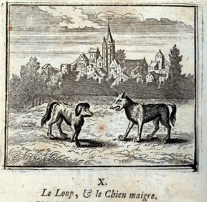 Vlk a štíhlý pes. Bajky Jean de La Fontaine (1621-95). Ilustrace François Chauveau (1613-1676). Vydání z roku 1728.