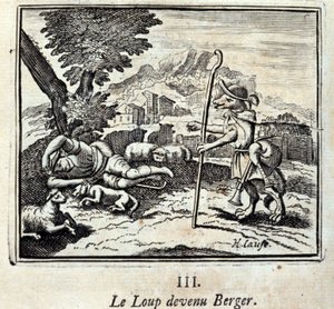 Z Vlka se stal Berger. Bajky Jeana de La Fontaina (1621-95). Ilustrace François Chauveau (1613-1676). Vydání z roku 1728. od Francois Chauveau